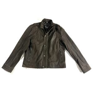 Men’s Real Leather Brown Jacket 2XL Snap Zip Moto Style Epaulets Pockets